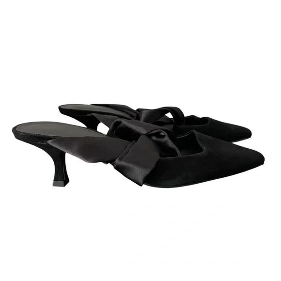 NWT Mango Classic Solid Black Genuine Leather Tied Down Knot Heeled Mules Shoes - Picture 2 of 8